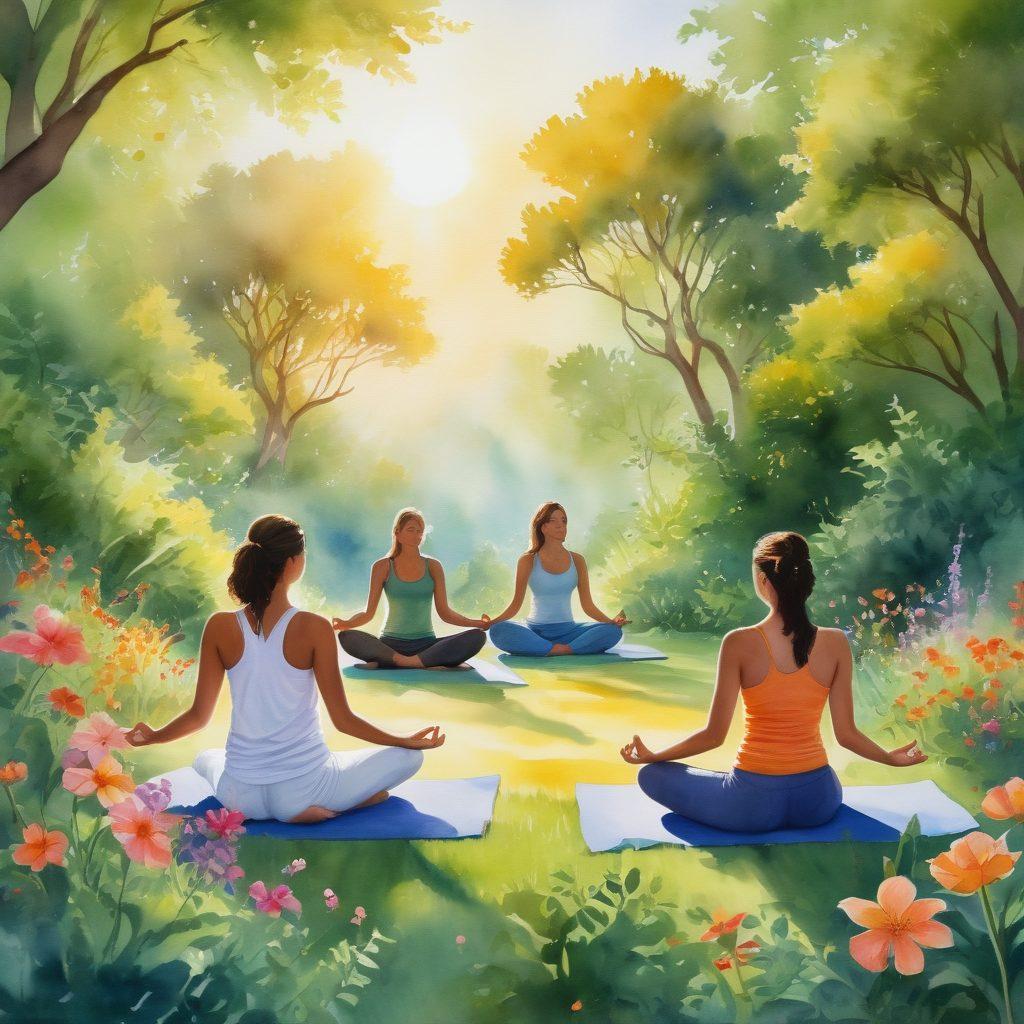A serene scene depicting a diverse group of individuals engaged in holistic health practices, such as yoga and meditation, surrounded by lush greenery and vibrant flowers. Include elements that symbolize wellness, such as herbal remedies and organic foods, all under a soft, golden sun. The atmosphere should be calm and uplifting, celebrating the journey of survivorship and well-being. watercolor painting. vibrant colors. soft focus.