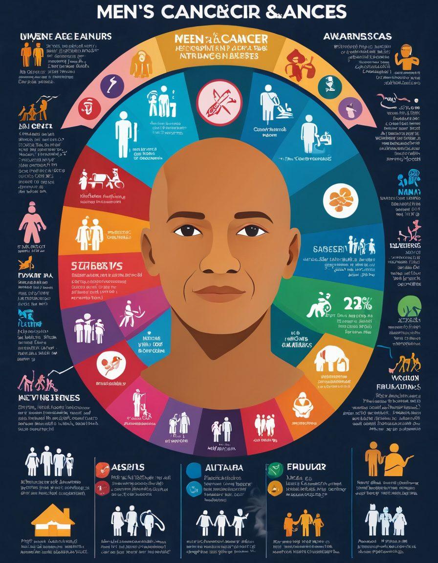 A visually engaging infographic featuring diverse men of various ages and ethnicities, surrounded by symbols representing different cancer risk factors, like smoking, family history, and unhealthy diet. Include a bold title 'Men's Cancer Awareness' at the top, with a gentle reminder below about regular check-ups. Use bright colors to capture attention. vector art. vibrant colors.