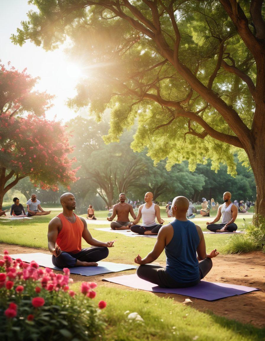 A serene, uplifting scene of a diverse group of men engaged in wellness activities, including yoga and group discussions in a park, surrounded by lush greenery and vibrant flowers. Incorporate visual elements symbolizing strength and resilience, such as a rising sun in the background and ribbons representing cancer awareness. The atmosphere should be positive and empowering, conveying a sense of community and support. super-realistic. vibrant colors. natural lighting.